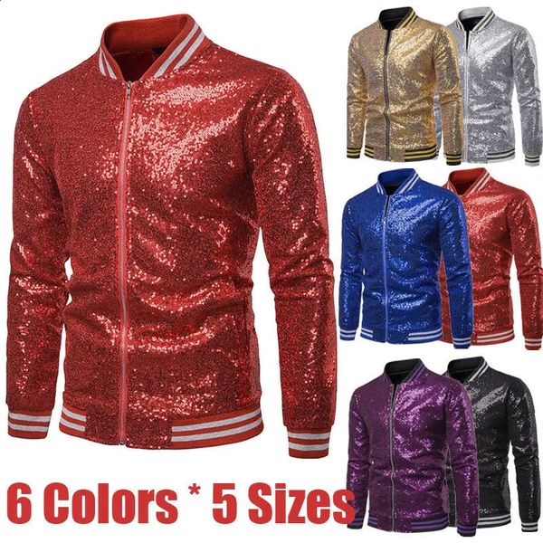 Hombres masculinos con lentejuelas elegante delgado de manga larga chaqueta de béisbol abrigo con cremallera chaqueta de fiesta de boda traje de esmoquin abrigo noche clubwear 240314