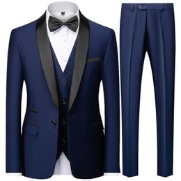 Mannen Mariage Kleurblok Kraag Pakken Jas Broek Vest Mannelijke Business Casual Bruiloft Blazers Jas Vest Broek 3 Delige Set 240321