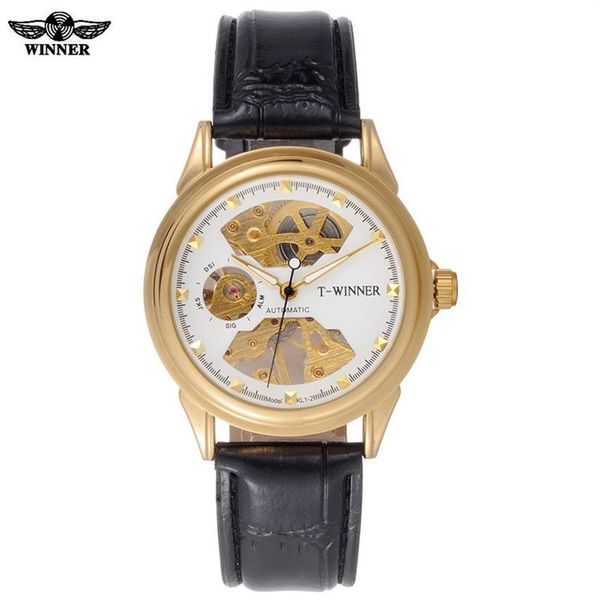 Hommes montres mécaniques squelette montres WINNER marque affaires main vent montres pour hommes bracelet en cuir femme cadeau clock287g