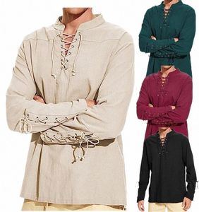 Mannen middeleeuws kostuum Cott linnen shirts gegolfde Lg mouw Lace Up piraat cosplay shirt vampier middeleeuwse Renaissance shirt W5QL #