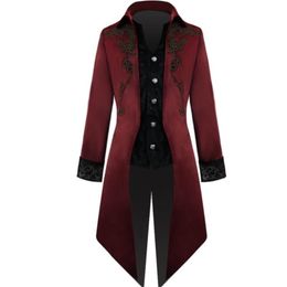 Hommes Costume Médiéval Victorien Noir Rouge Rétro Patchwork Veste Steampunk Trench Tuxedo Tailcoat Veste Manteau Gothique Pardessus 240117