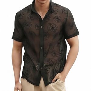 Hommes maille chemise revers à manches courtes Fr pure chemises sexy Streetwear Camisas Fi Transparent fête discothèque dessus de chemise u1h5 #