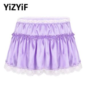 Mannen Micro Mini Rok Smooth Satijn Elastische Hoge Taille Kant Hem Korte Fry Ruffled A-lijn Sissy Slipje Sexy Fancy Dress Heren Badmode