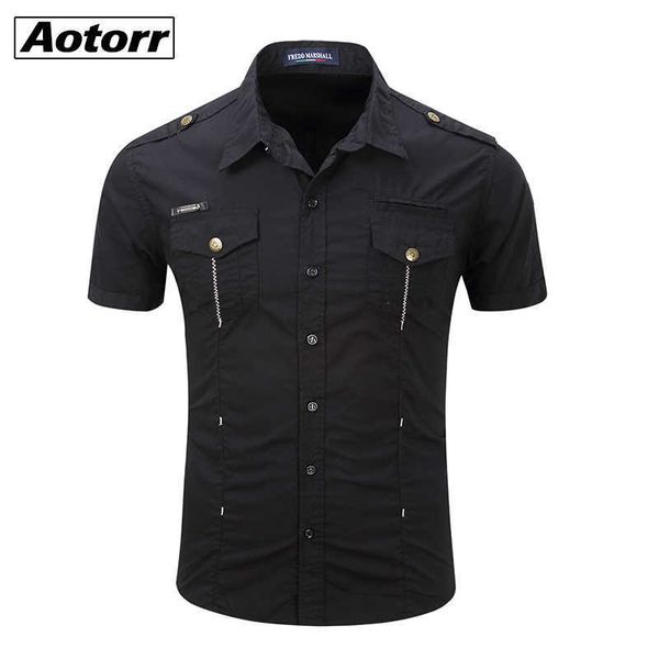 Uniforme militar para hombre, vestido de manga corta, camisas de algodón, camisetas casuales de trabajo, parche con botones para hombre, bolsillo en el pecho, solapa 210721