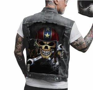 Hommes Moto Biker Denim Gilet Distred Hole Devil Imprimer Punk Rock Sleevl Veste Modèle Classique Peinture Gilet w38l #