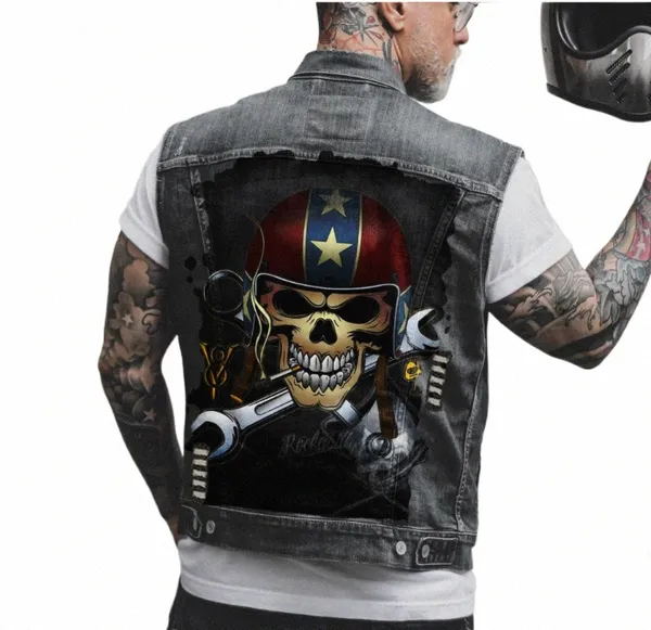 Hommes Moto Biker Denim Gilet Distred Hole Devil Imprimer Punk Rock Sleevl Veste Modèle Classique Peinture Gilet w38l #