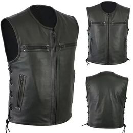 Hommes moto en cuir gilet couleur unie grande poche sans manches Biker vestes Vintage gilet décontracté mâle grande taille S5XL 240125