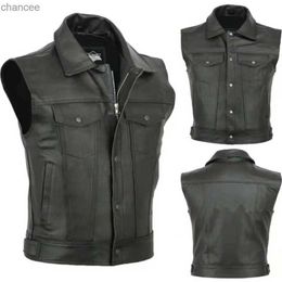 Hommes moto en cuir gilet couleur unie grande poche sans manches Biker vestes Vintage gilet décontracté mâle grande taille S-5XL HKD230831