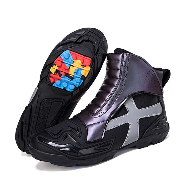 Botas de carreras de motos para hombre, botas de motociclista de cuero con almohadilla protectora de cambio de marchas, zapatos de suela de goma antideslizantes