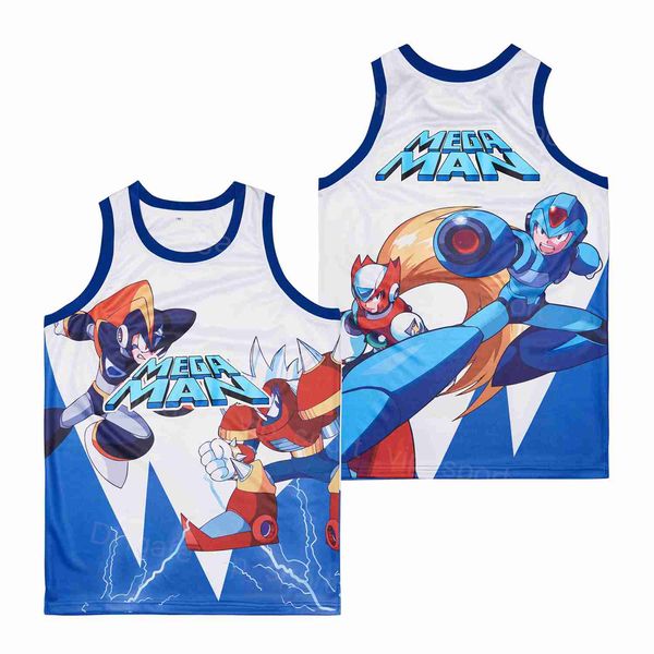 Film de film masculin 2010 Rockman Rock Roll Megaman Basketball Jersey Mega Man Vintage Hip Hop pour les fans de sport Pure Cotton Hiphop Breathable Team Blue White Color Ed