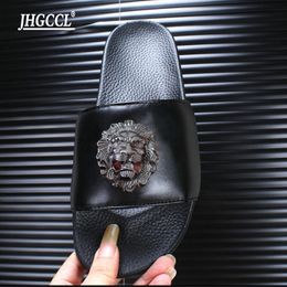 Men Mevrouw Mevrouw Cowhide Slippers Chinelos Slides Beach Flip Flops Casual Summer 2021 Brand Mens Handmade Sandalen Hoge kwaliteit SA 5857 S