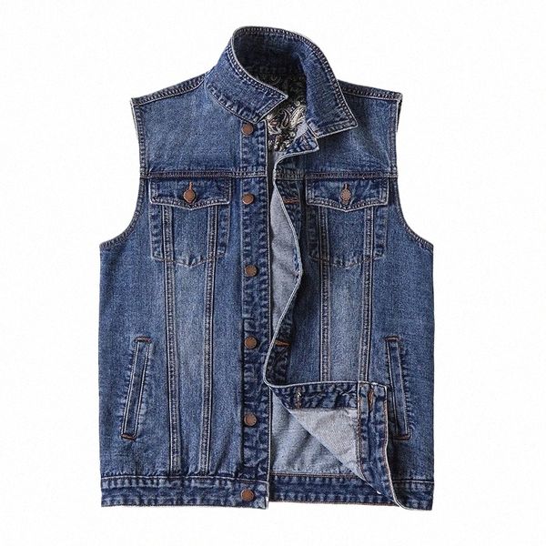 Hommes multi-poches solide manches veste en jean Hip hop Slim bleu noir Cott jeans décontractés gilets gilets Plus Szie 6XL 7XL 52Y2 #