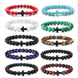 Bracelet en perles de pierre naturelle pour hommes et femmes, croix, Onyx, méditation, bijoux de Yoga, Pulser, lave, Turquoise