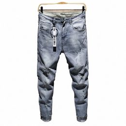 Mannen Nieuwe Ripped Casual Skinny jeans Broek Fi Merk man streetwear Brief gedrukt verdeeld Gat grijze Denim broek K55R #