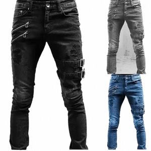 Hommes Nouveau Jeans Slim Pantalon Homme Printemps Automne Pieds élastiques Jean Streetwear Hommes Skinny Zips Biker Cacual Lg Denim Pantalon O9bG #