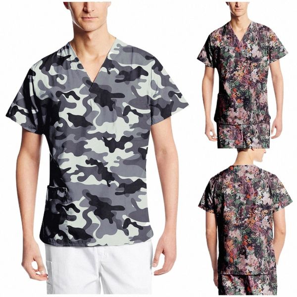 Hombres Enfermería Trabajo Uniforme Sólido Manga corta con cuello en V Tops Camisetas con bolsillos Blusa casual Beautican Doctor Ropa de trabajo Scrubs Top a3Jw #