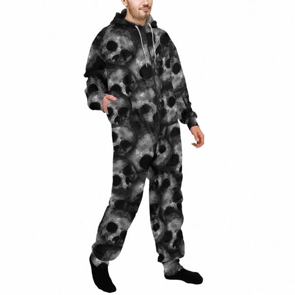 Hommes Onesie Zipper Pijama Pyjamas à capuche Vêtements de nuit Global Onepiece Halen Skull Print Combinaison B7TZ #