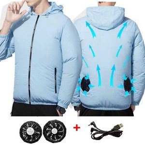 Heren Outdoor Zomer Jas USB Elektrische Fan Koeling Jassen Mannen Airconditioning Ventilator Kleding USB Heatstroke Zomer Hood Jacket 211105