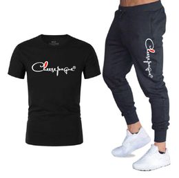Men Outfit Two-Piece tracksuits Set Solid Color Casual Tracksuit Short Sleeve T-Shirt Drawing Shorts Set HomeWear Sports Brand Logo Printsuit