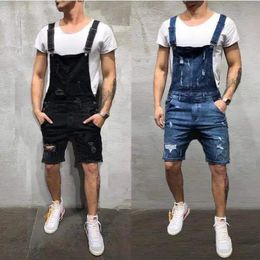 Men Males Playsuits Jeans Shorts Rompers lavando los bolsillos de los agujeros de ajuste delgados