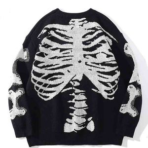 Hommes pull surdimensionné noir ample squelette os imprimer femmes Vintage rétro tricoté pull 2021 automne coton pull unisexe