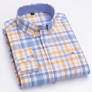 Hommes Oxford chemises coton Plaid rayé couleur unie à manches longues poche unique mode modèle classique décontracté affaires 240307
