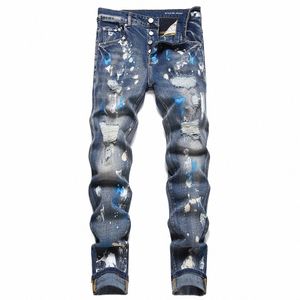 Hommes peints déchirés Jeans Streetwear trous Distred Stretch Denim pantalon Butt Fly Slim pantalon effilé X4to #