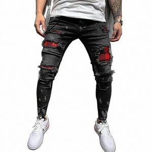 Hommes Peint Stretch Skinny Jeans Slim Fit Ripped Distred Plissé Genou Patch Denim Pantalon Marque Pantalon Occasionnel Pour Masculina 33Dk #