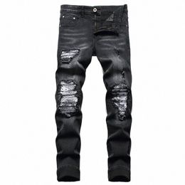 Hommes Paisley Bandana Imprimer Patch Jeans Streetwear Patchwork Trous Ripped Stretch Denim Pantalon Slim Straight Biker Pantalon v3VH #