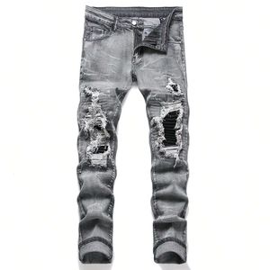 Heren Paisley Bandana Print Patch Jeans Streetwear Patchwork Gaten Gescheurde Stretch Denim Broek Slanke Rechte Bikerbroek