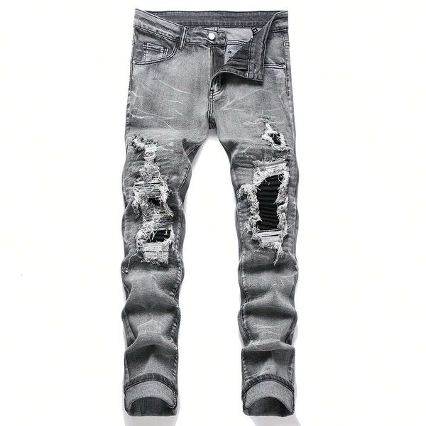 Jean imprimé Paisley Bandana pour hommes, Streetwear, trous en Patchwork, pantalon en Denim extensible déchiré, pantalon de motard droit et Slim