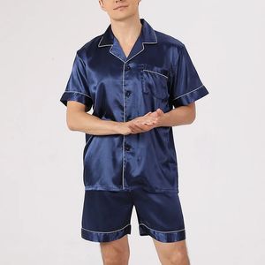 Les hommes de pyjama sets de la soie glace en satin à manches courtes à manches courtes 2 pcs costume mince vêtements de nuit couleur masculine vêtements de maison décontractés 240518