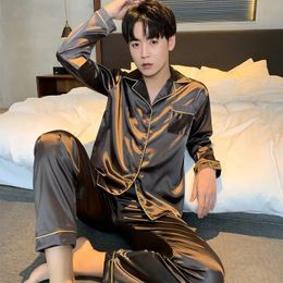 Men Pajama Sets Silk Satin Sleepwear for Man Camisa de manga larga Moda Masculina Soft Home Night Wear Loungewear 240408