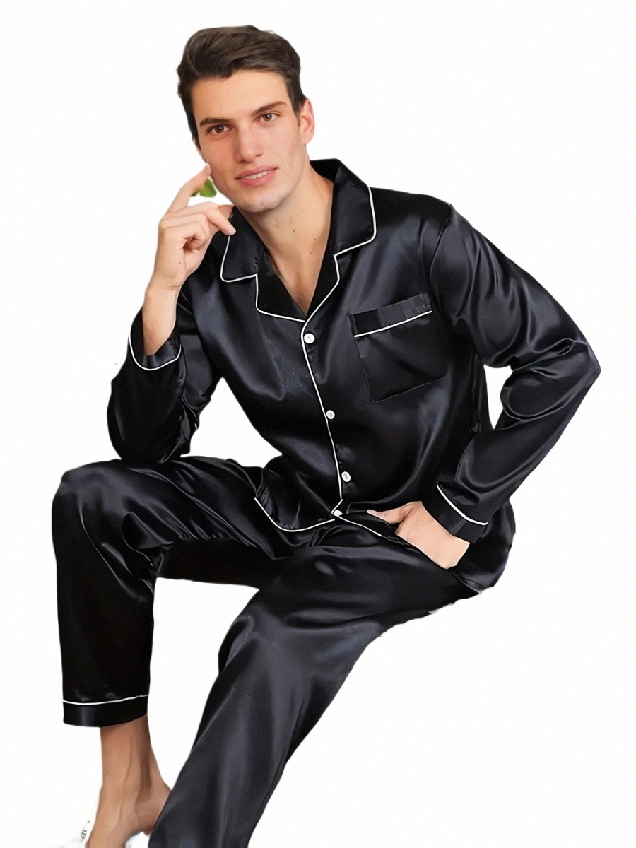 Hommes Pyjamas Set Soie Satin Nuit Pour Homme Chemise Lg Manches Pijama Mâle Hiver Slee Maison Nuit Porter Grande Taille Loungewear s5Ex #