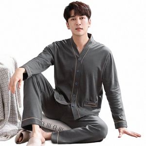 Mannen Pyjama Pak Lg mouwen Pure Cott Eenvoudig Casual Vest V-hals Homewear Set Alle Plus Size Ademend Herfst Nachtkleding c2Oz #