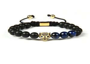 Men Panther Bracelets Blue Cz Leopard Head Macrame European American Weaving Bracelet 8 mm Tiger Eye Agate Stone Beads3468000