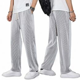 Pantalon pour hommes Taille moyenne Ceinture élastique Pantalon de survêtement Poche à cordon de serrage Jambe large côtelé Ultra-mince Soie glacée Pantalon décontracté Streetwear i390 #