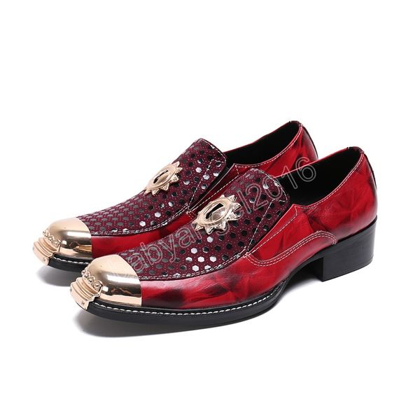 Hommes fête en cuir véritable chaussures de mariage hommes rouge richelieu chaussures en métal bout carré Sequin hommes robe chaussure