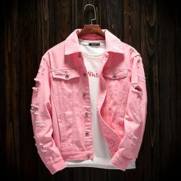 Mannen Roze Denim jassen Bovenkleding Jean Jassen Lente Herfst Mannen Gaten Jena Jassen Mannen Slanke Denim Jassen Maat 4XL 240222