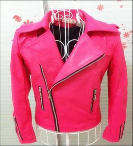 Heren roze leren jas zanger kostuums Nachtclub bar DJ rood fluorescerend roze Slanke lange mouwen locomotief leren jas tij5497002