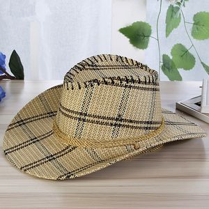 Hommes Plaid Paille Cowboy Chapeau Avec Corde Femmes Wild Brim Western Cap Mentonnière Cowgirl Soleil Chapeaux D'été Unisexe Caps Protection UV