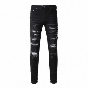 Hommes Plissé Patch Biker Jeans Streetwear Skinny Fuselé Stretch Denim Pantalon Ripped Patchwork Pantalon Noir U5cx #
