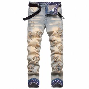 Hommes Plissé Star Patch Denim Jeans Streetwear Imprimé Ourlet Slim Pantalon Droit Vintage Rétro Bleu Patchwork Stretch Pantalon F7XM #