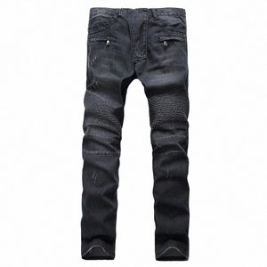 Hommes grande taille 28-42 rétro moto Lg jean plissé Denim pantalon haute rue fermeture éclair haute qualité marque pour homme I6B6 #