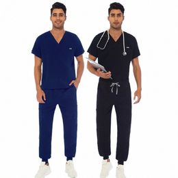 Hombres Bolsillo Uniforme de enfermería Enfermera Manga corta con cuello en V Scrub Tops Doctor Ropa de trabajo Médico Scrub Pantalones Uniformes Blusa Conjuntos n1JA #