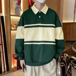 Hommes Polo col sweats printemps automne Vintage rayé Patchwork pull hauts décontracté sweat ample mâle Harajuku Streetwear 240116