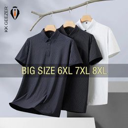 Hommes Polo à manches courtes rayées à rayures sans trace cool mince surdimensionnée 5xl 6xl 7xl 8xl plus taille élastique t mode haute qualité 240411