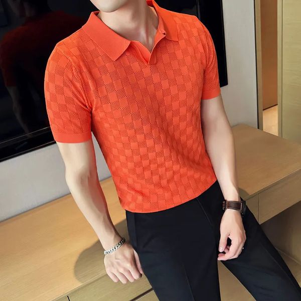 Men Polo Summer Ice Ice Silk Elastic Casual Slim Fit Knited Knited Short Polo Birt British Style Men Vêtements 240410