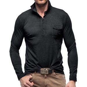 Polos pour hommes avec poche à manches longues, chemises décontractées à revers, boutons de Golf en plein air, T-Shirts à col