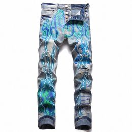 Mannen Print Jeans Streetwear Letters Bliksem Geschilderd Stretch Denim Broek Vintage Blauw Gescheurde Butts Fly Slim Tapered Broek t4o9#